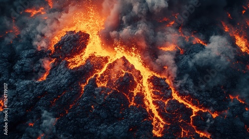 Aerial view of a volcanic eruption, molten lava flowing through dark ash, smoke rising, extreme heat and danger.