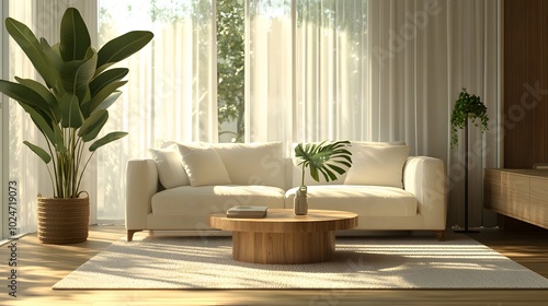 A cozy living room with a cream-colored sofa and wooden coffee table is bathed in natural sunlight, showcasing a warm color palette and clean lines for a welcoming atmosphere.