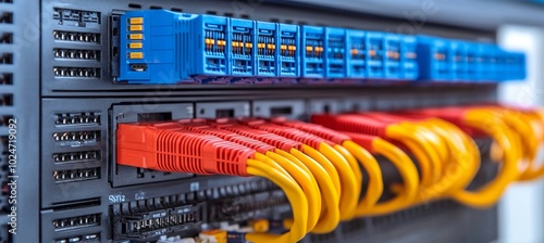 Close-Up Network Switch Network Server Equipment, Colorful Wire Connectivity in Modern Data Center