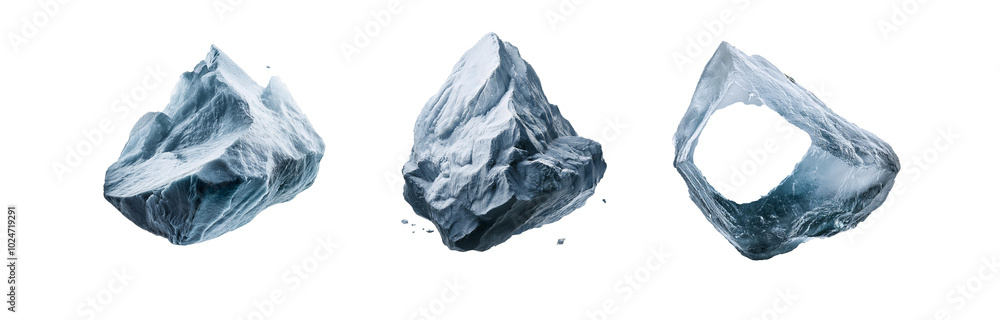 Three isolated, blue, rocky shapes against a white background. Three isolated, blue, rocky shapes against a white background.