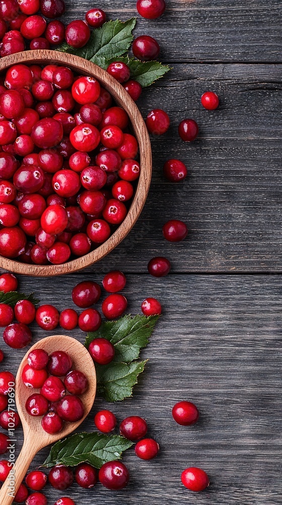 A wooden bowl brimming with crimson cranberries rests beside a wooden spoon, garnished with lush leaves A wooden bowl brimming with crimson cranberries rests beside a wooden spoon, garnished with lush leaves