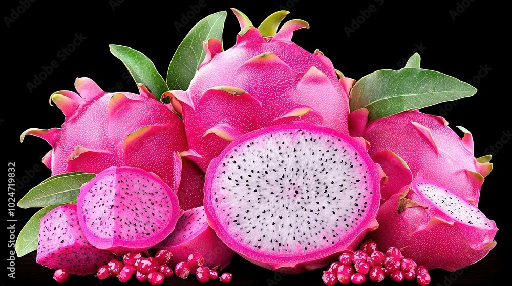 A close-up image of a dragon fruit against a black background, with surrounding foliage and pomegranates A close-up image of a dragon fruit against a black background, with surrounding foliage and pomegranates