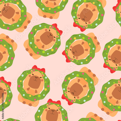 Cute funny capybara with Christmas wreath pattern. Isolated animal character capybara rodent. Postcard, poster, sticker for New Year. Holiday seasonal decoration for design, kids collection