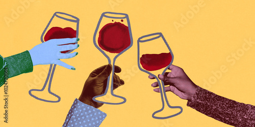 Three hands raising wine glasses filled with red wine against bold yellow background. Cheers. Contemporary art collage. Concept of drink, winery, taste, party, wine culture, wine and dine