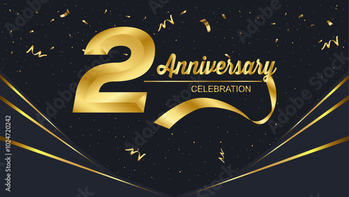 
Golden "2nd Anniversary" text, accompanied by a gold ribbon and sparkling confetti on a sleek black background. The elegant design highlights the celebration of this special milestone.