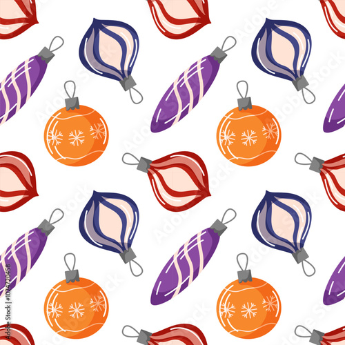 Christmas seamless pattern with tree balls in flat style. Vintage ornament background for design package, holiday, paper, decor.