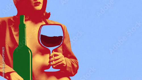 Woman holding wine glass in one hand with green bottle next to her, set against light blue backdrop. Contemporary art collage. Concept of drink, winery, taste, party, wine culture, wine and dine