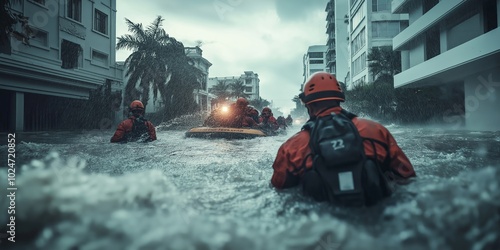 Emergency responders in a flooded urban area, using boats to navigate through high water levels, looking for people in need, selective focus
