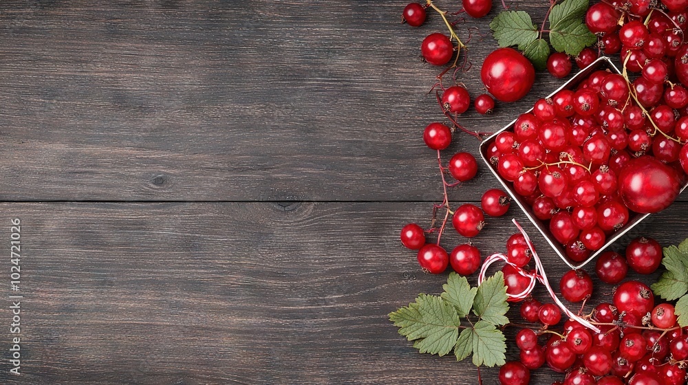A cluster of cherries perched atop a rustic table, surrounded by verdant foliage and nestled beside a woven basket brimming with more of the juicy A cluster of cherries perched atop a rustic table, surrounded by verdant foliage and nestled beside a woven basket brimming with more of the juicy