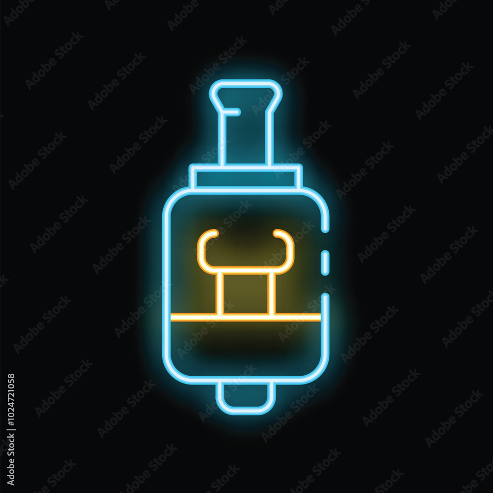 Bright blue and yellow neon sign showing an electronic cigarette with liquid for vaping Bright blue and yellow neon sign showing an electronic cigarette with liquid for vaping