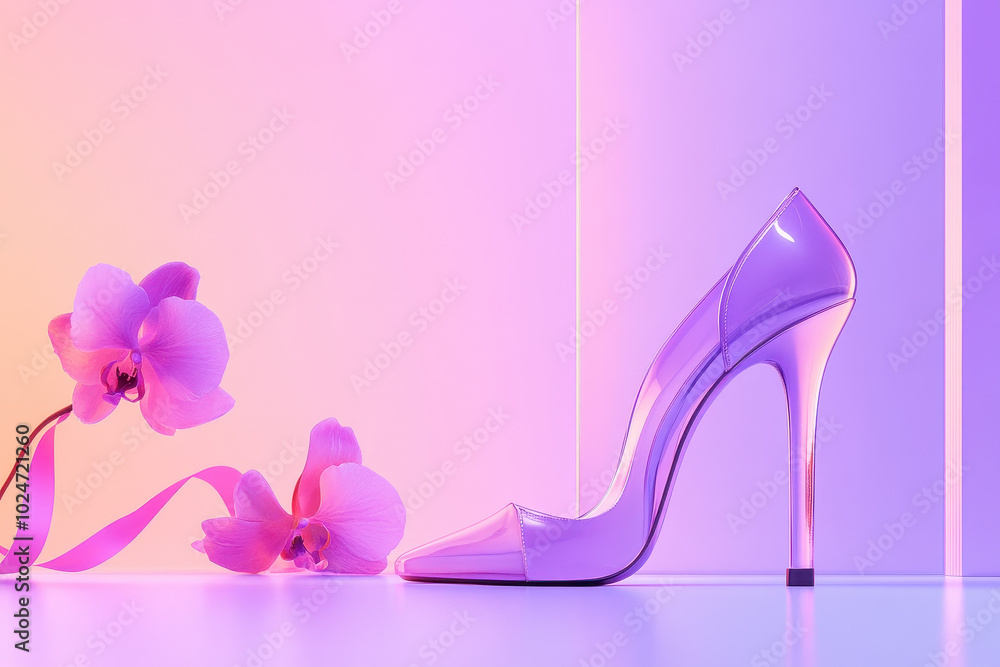 Elegant Pink High Heels with Orchid Flowers Against a Modern Gradient Background Elegant Pink High Heels with Orchid Flowers Against a Modern Gradient Background