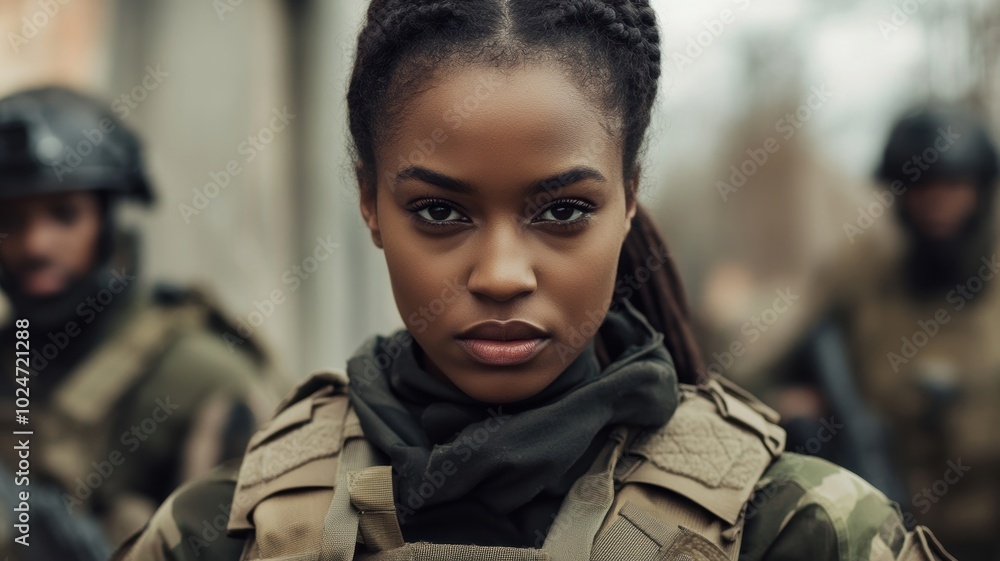Fototapeta premium A determined female soldier in tactical gear, standing confidently outdoors with her team in the background, ready for action.