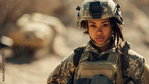 A determined female soldier wearing tactical gear stands in a desert setting, showcasing focus and resilience during a military mission.