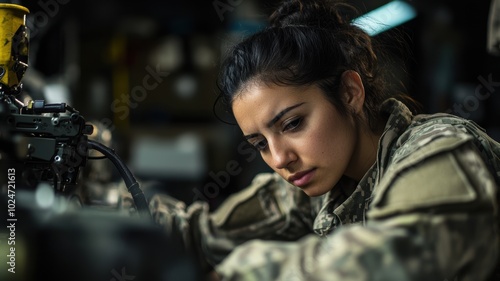 A determined female soldier in tactical military gear, showcasing focus and resilience while preparing for duty in a military setting.