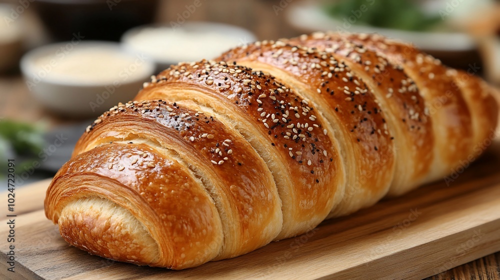 Close-up of a freshly baked, golden brown croissant on a wooden cutting board. The croissant is covered in sesame seeds. Close-up of a freshly baked, golden brown croissant on a wooden cutting board. The croissant is covered in sesame seeds.