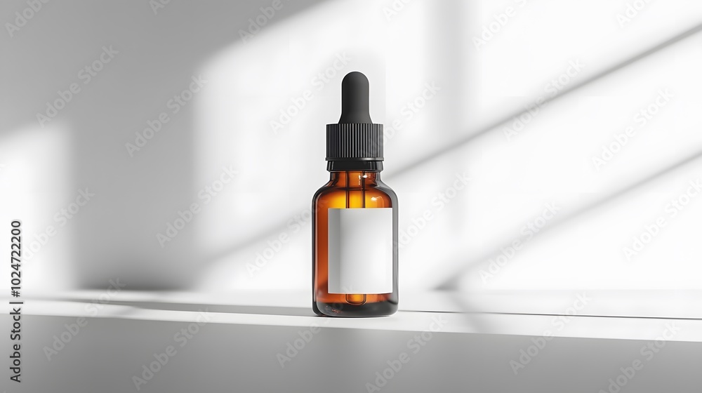 An amber-colored glass dropper bottle with a white label and black cap is presented on a pure white background, emphasizing its minimalist design in a professional product shot. An amber-colored glass dropper bottle with a white label and black cap is presented on a pure white background, emphasizing its minimalist design in a professional product shot.