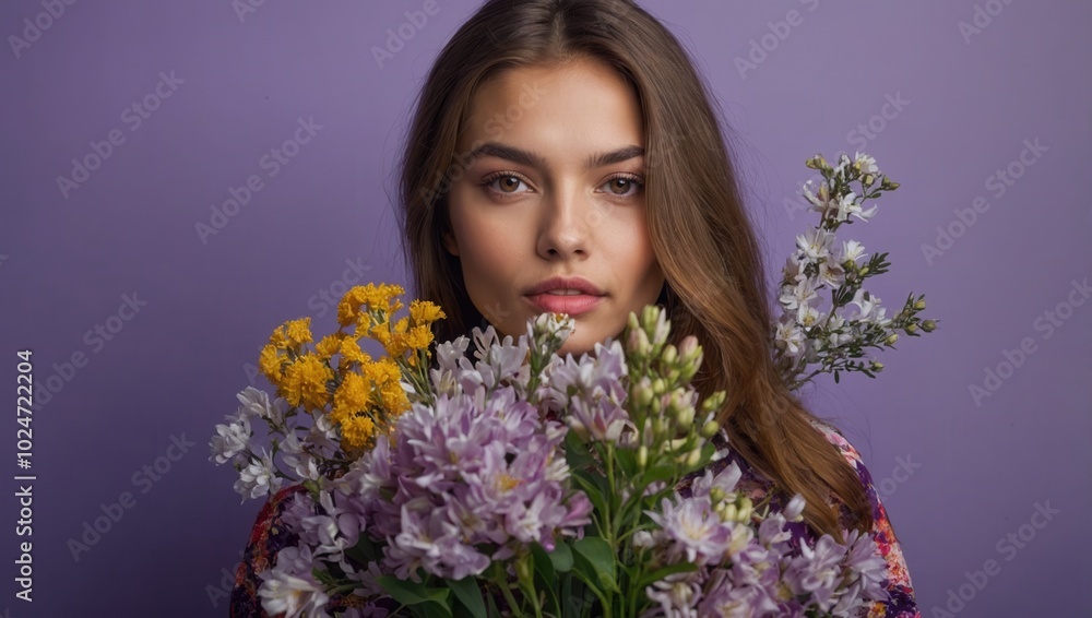 Woman is holding a bouquet of flowers Woman is holding a bouquet of flowers