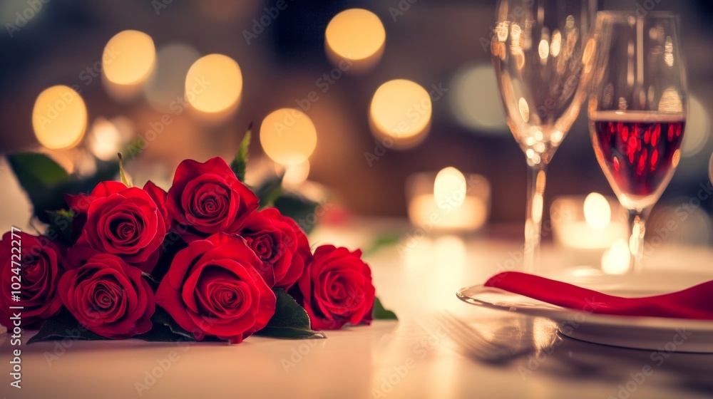 Romantic dinner setup with red roses and candles for a special celebration at an intimate restaurant Romantic dinner setup with red roses and candles for a special celebration at an intimate restaurant
