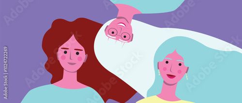 Aging process of BIPOC person, premium flat vector stock illustration or liveliness triptych with afro adult, child, senior woman