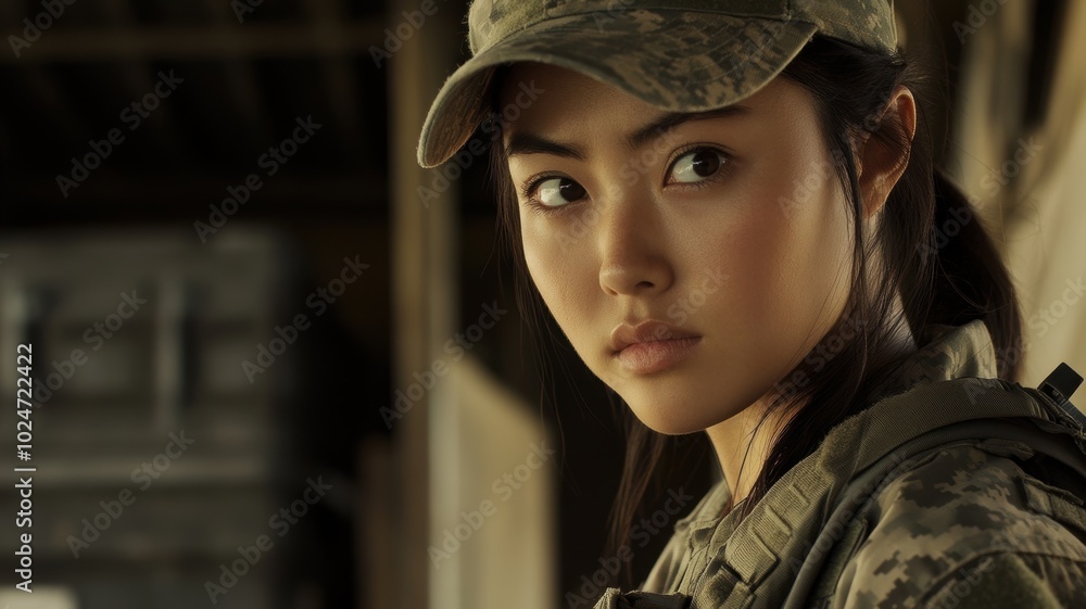 Close-up of a young female soldier in military uniform, standing inside a vehicle or base, with a serious and attentive expression. Close-up of a young female soldier in military uniform, standing inside a vehicle or base, with a serious and attentive expression.