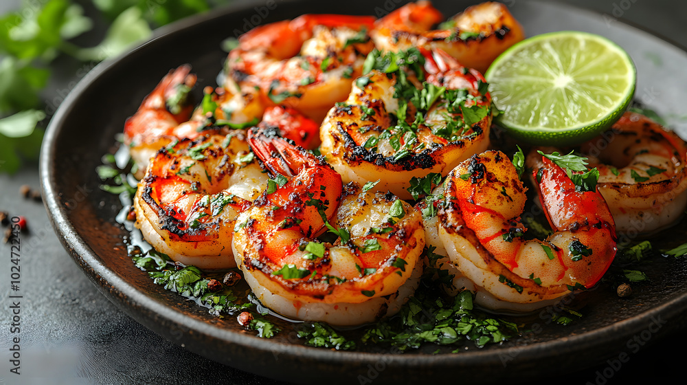 Grilled shrimp with lime and white sauce on a dark plate.
Grilled shrimp with lime and white sauce on a dark plate.