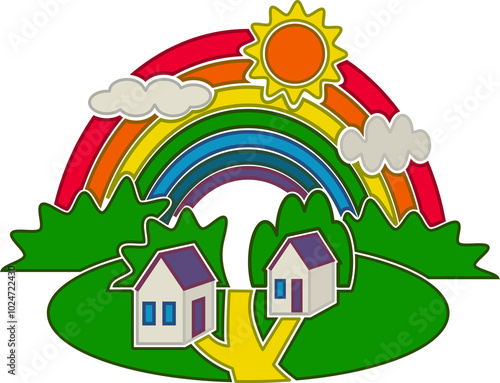 Sculpted single icon with rural landscape and rainbow over country road among houses