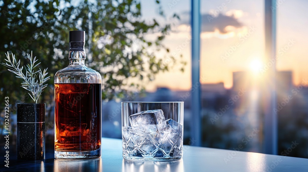 A bottle of alcohol rests atop a table, adjacent to an ice-filled glass A bottle of alcohol rests atop a table, adjacent to an ice-filled glass