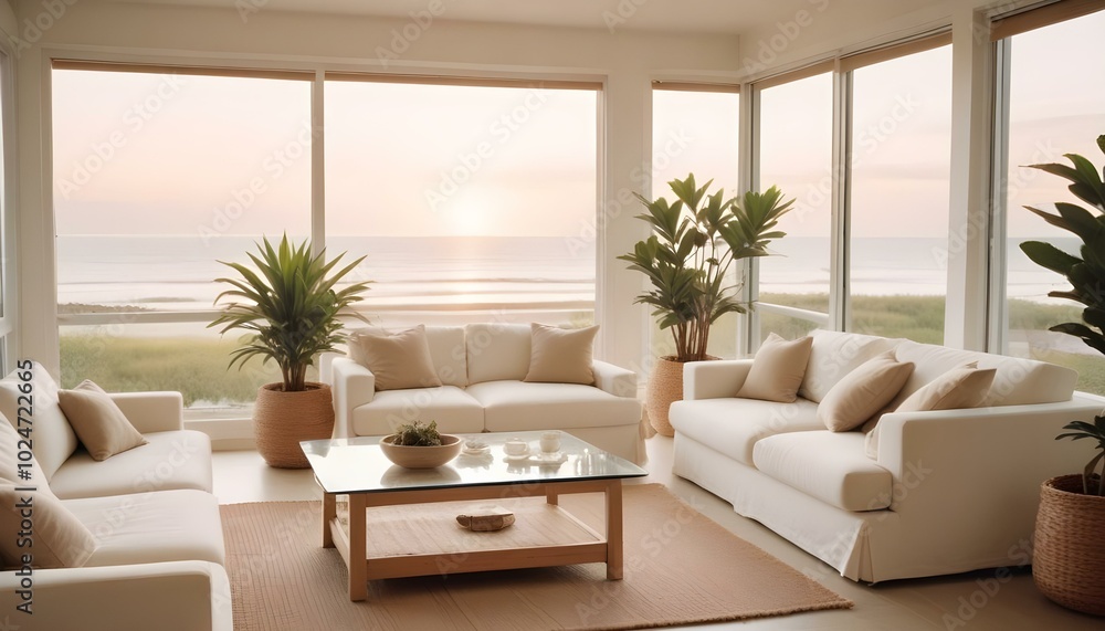Fototapeta premium White coastal view interior design living room