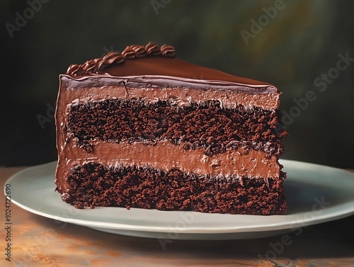 a rich, decadent slice of chocolate cake with smooth chocolate ganache on top and between the layers. The cake is garnished with fresh strawberries and blueberries, presented on a simple white plate