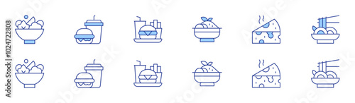 Food icon set in two styles, Duotone and Thin Line style. Editable stroke. tzatziki, salad, fast food, cheese, pad thai