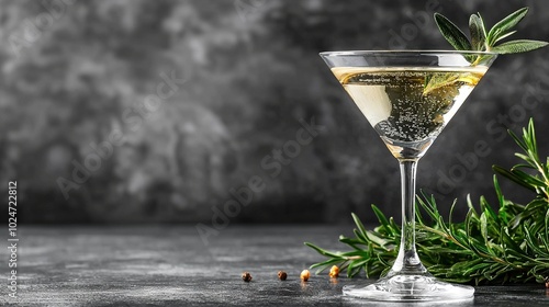   A zoomed-in image of a beverage in a stemmed wine glass with a sprig of rosemary attached to the glass's rim