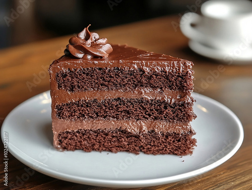 A slice of three-layer rich chocolate cake topped with a swirl of chocolate frosting, served on a white plate, with a blurred cup of coffee in the background.