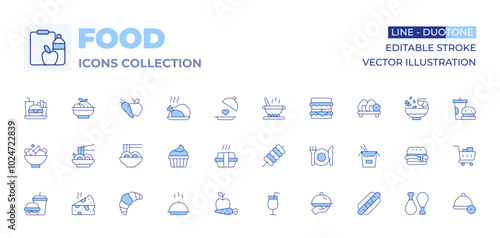 Food icons collection. Line Duotone style, editable stroke. cooking pot, tzatziki, salad, tokbokki, yakisoba, food box, food tray, healthy food, sweet food, chicken, fast food, pad thai