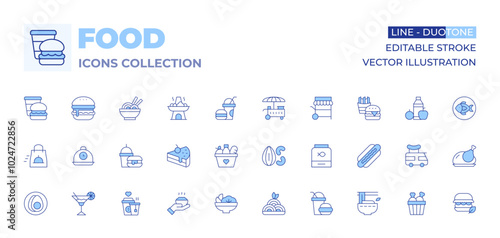 Food icons collection. Line Duotone style, editable stroke. fast delivery, nuts, noodles, junk food, hot pot, food tray, food basket, hamburger, food cart, fast food, cake