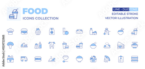 Food icons collection. Line Duotone style, editable stroke. fast food, salt, laboratory, milk, rice bowl, fish, food package, chicken, broccoli, burger, chef, cupcake, banh mi