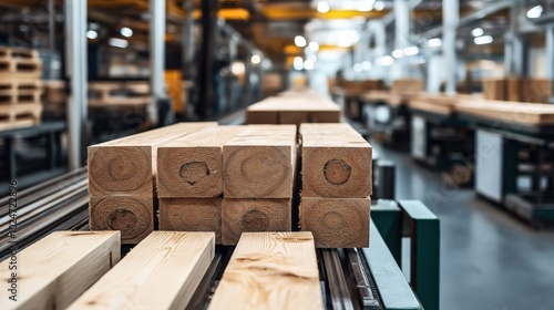 Close-up of stacked lumber planks in a modern woodworking factory with machinery in the background