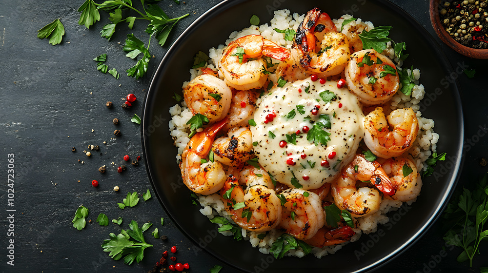 Grilled shrimp with lime and white sauce on a dark plate.
Grilled shrimp with lime and white sauce on a dark plate.