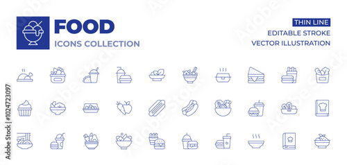 Food icons collection. Thin Line icons, editable stroke. fast food, healthy food, hot dog, hot food, sweet food, tzatziki, vegetables, yakisoba, recipe book, salad