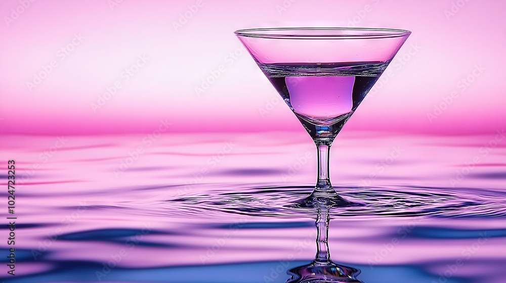 Glass filled with water on a blue-pink surface with a pink sky in the background Glass filled with water on a blue-pink surface with a pink sky in the background