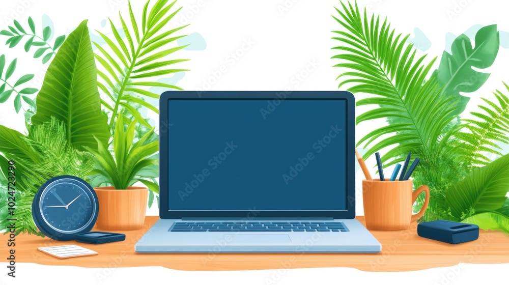 Modern workspace with laptop and lush greenery for a fresh home office vibe Modern workspace with laptop and lush greenery for a fresh home office vibe