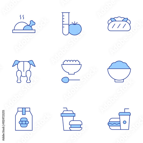 Food icons set. Line Duotone style, editable stroke. baby food, fast food, kimchi, laboratory, roast chicken, food package, chicken, banh mi