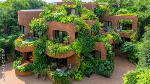 Sustainable green building with lush vegetation and organic architecture