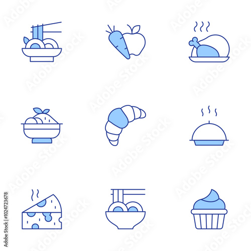 Food icons set. Line Duotone style, editable stroke. tzatziki, tray, yakisoba, healthy food, sweet food, chicken, croissant, cheese, pad thai