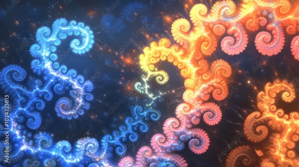 Abstract swirling patterns in vibrant blue and orange hues, resembling fractal designs. Abstract swirling patterns in vibrant blue and orange hues, resembling fractal designs.
