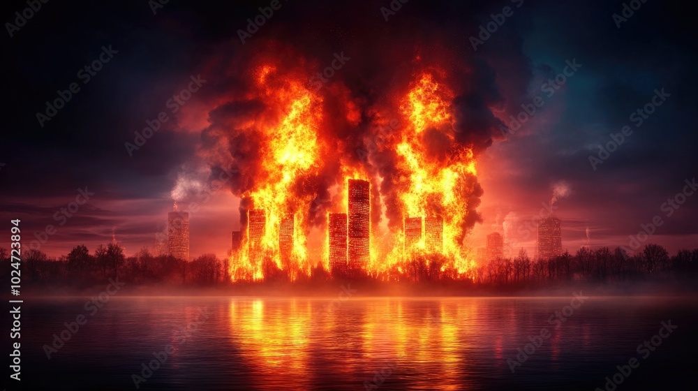Dramatic cityscape blaze reflecting on water underneath ominous skies Dramatic cityscape blaze reflecting on water underneath ominous skies