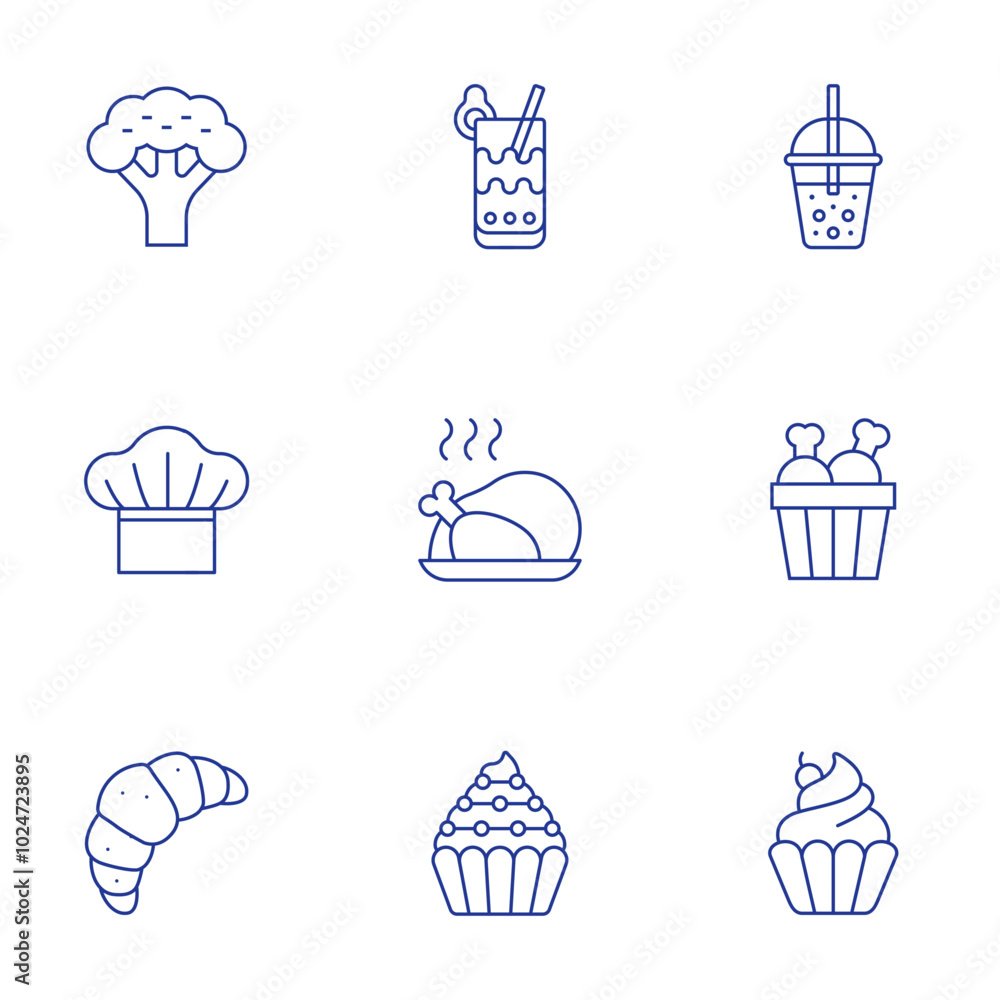 Food icons set. Thin Line style, editable stroke. broccoli, bubble tea, chef, chicken, chicken bucket, croissant, cupcake Food icons set. Thin Line style, editable stroke. broccoli, bubble tea, chef, chicken, chicken bucket, croissant, cupcake