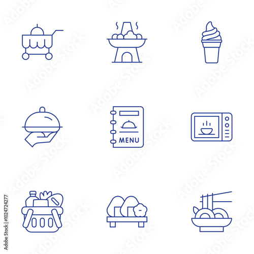 Food icons set. Thin Line style, editable stroke. food cart, food tray, groceries, hot pot, ice cream, menu, microwave oven, onigiri, pad thai