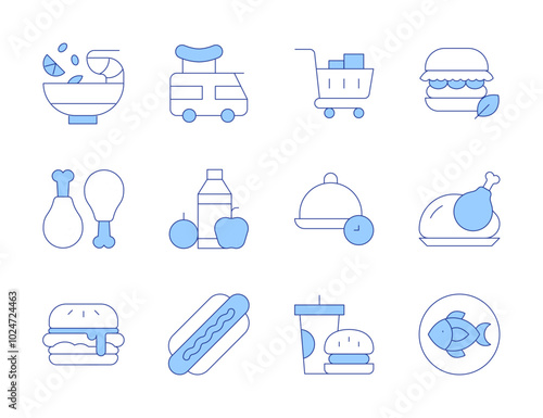 Food icons. Line Duotone style, editable stroke. tom yum, lunch time, turkey, shopping cart, hot dog, fried chicken, feeding, fish, food truck, burger, fast food