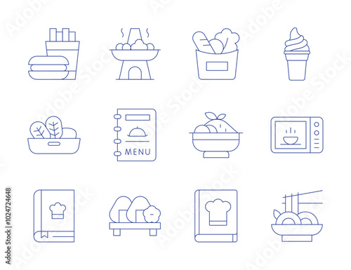 Food icons. Thin Line style, editable stroke. fast food, groceries, tzatziki, vegetables, hot pot, ice cream, menu, microwave oven, onigiri, pad thai, recipe book