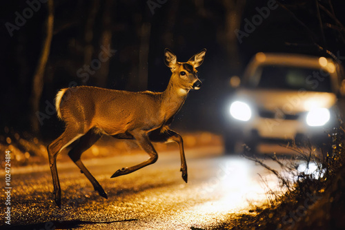 Deer runs across the street in front of a car at night